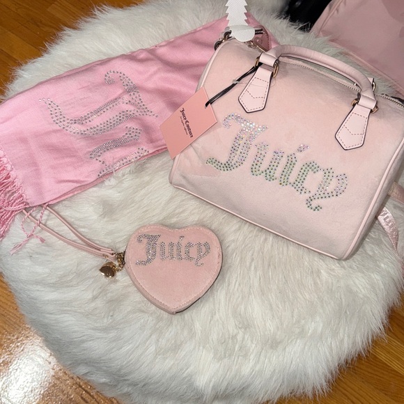 Juicy Couture Light Pink Rhinestone Logo Satchel with Matching Pouch & Scarf - Picture 2 of 9